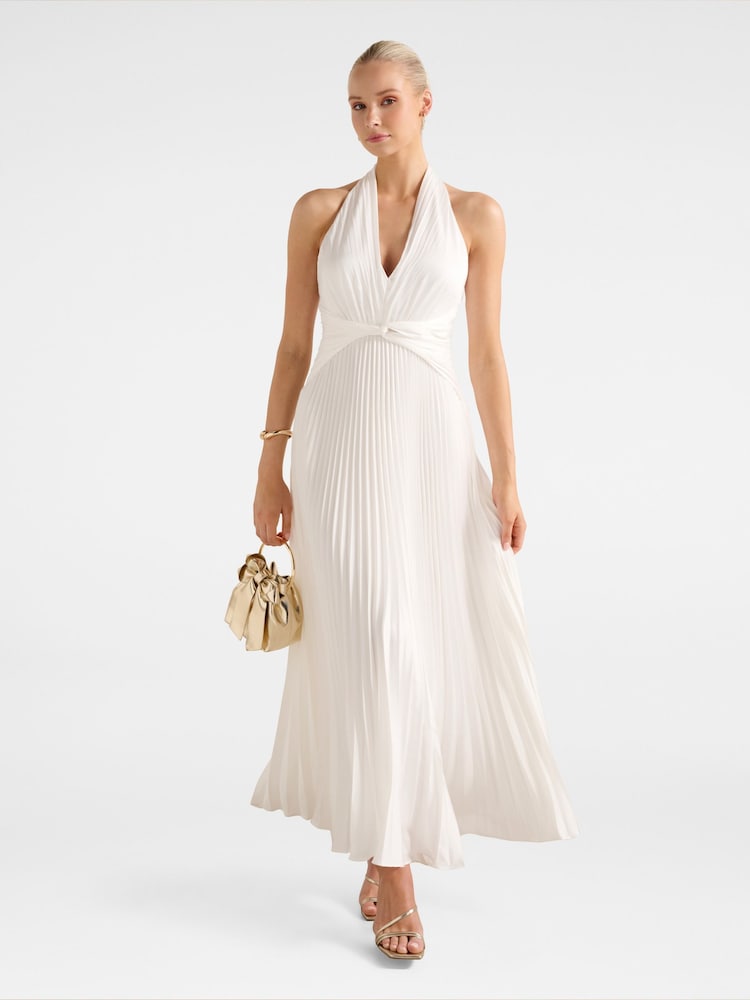 Forever New White Natasha Pleated Satin Halter Neck Maxi Dress - Image 1 of 4