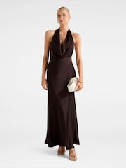 Forever New Brown Becca Cowl Halter Neck Satin Gown - Image 1 of 4