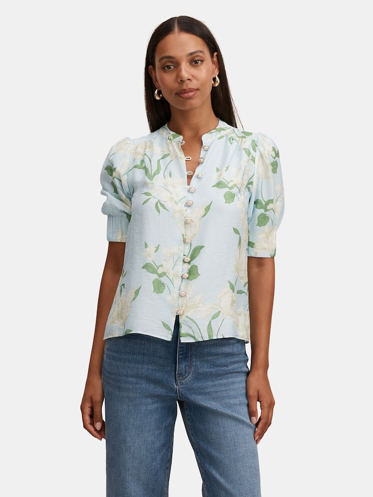 Forever New Blue Tahlia Tuck Detail Blouse Contains Linen - Image 1 of 5