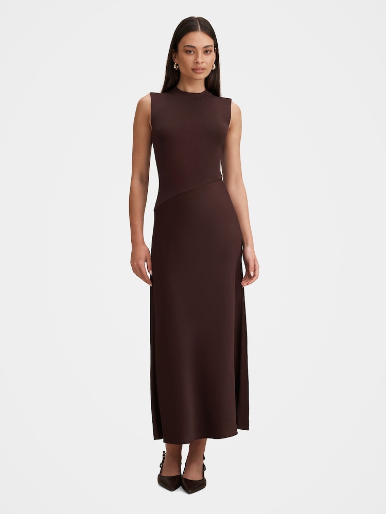 Forever New Brown Jayden Satin Mixed Midi Dress - Image 1 of 4