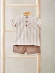 Mamas & Papas Brown Stripe Shirt with Coordinating Shorts - Image 1 of 3