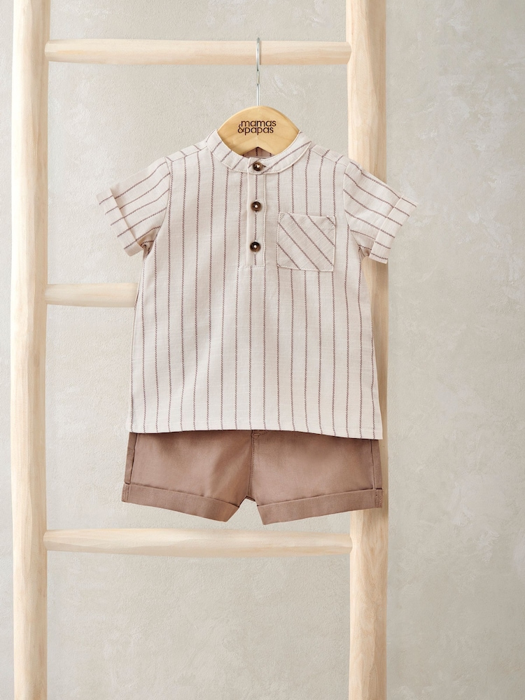 Mamas & Papas Brown Stripe Shirt with Coordinating Shorts - Image 1 of 3