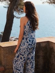 Blue SCARF PRINT DRAPED V-NECK WAIST TIE Top - Image 3 of 5