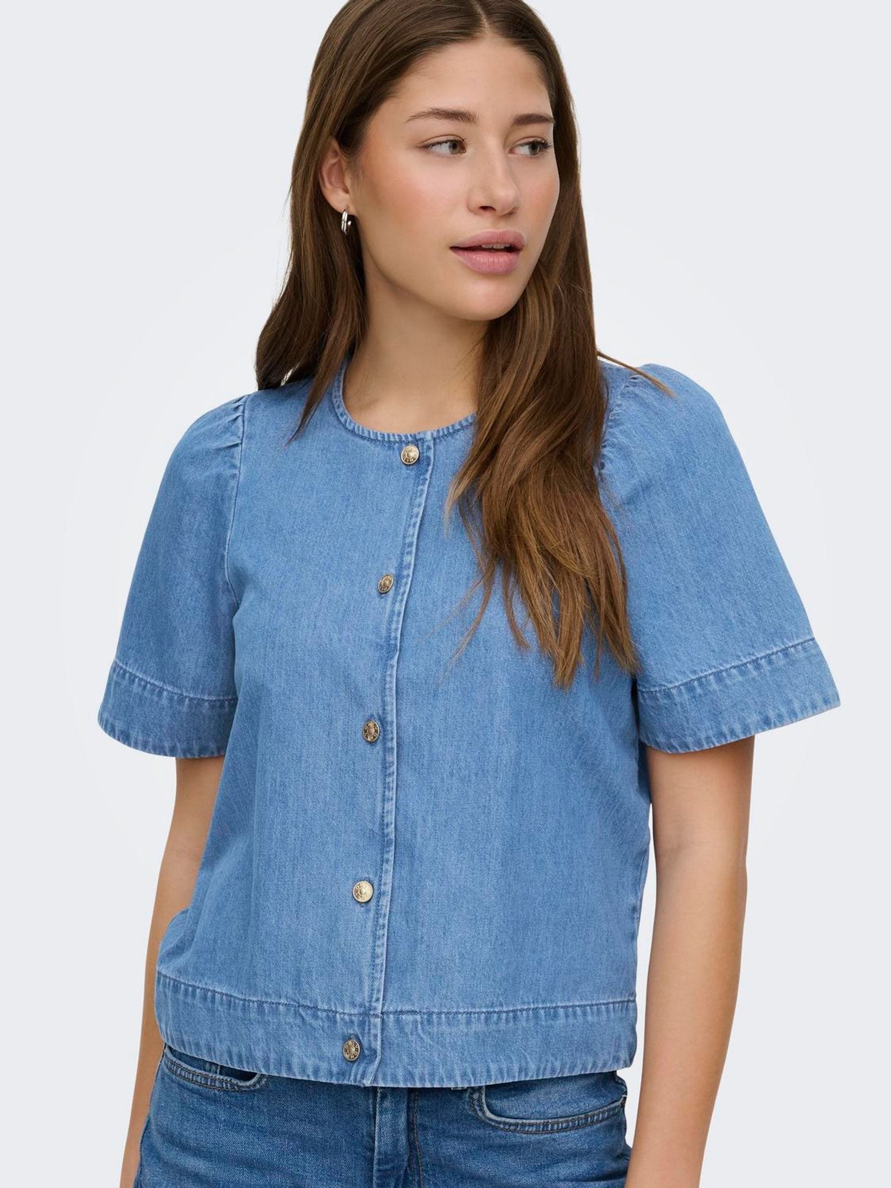 トップス Puffshoulder Compact Shirts Buy ONLY Blue Round Neck Puff Sleeve Button Through Denim Top from