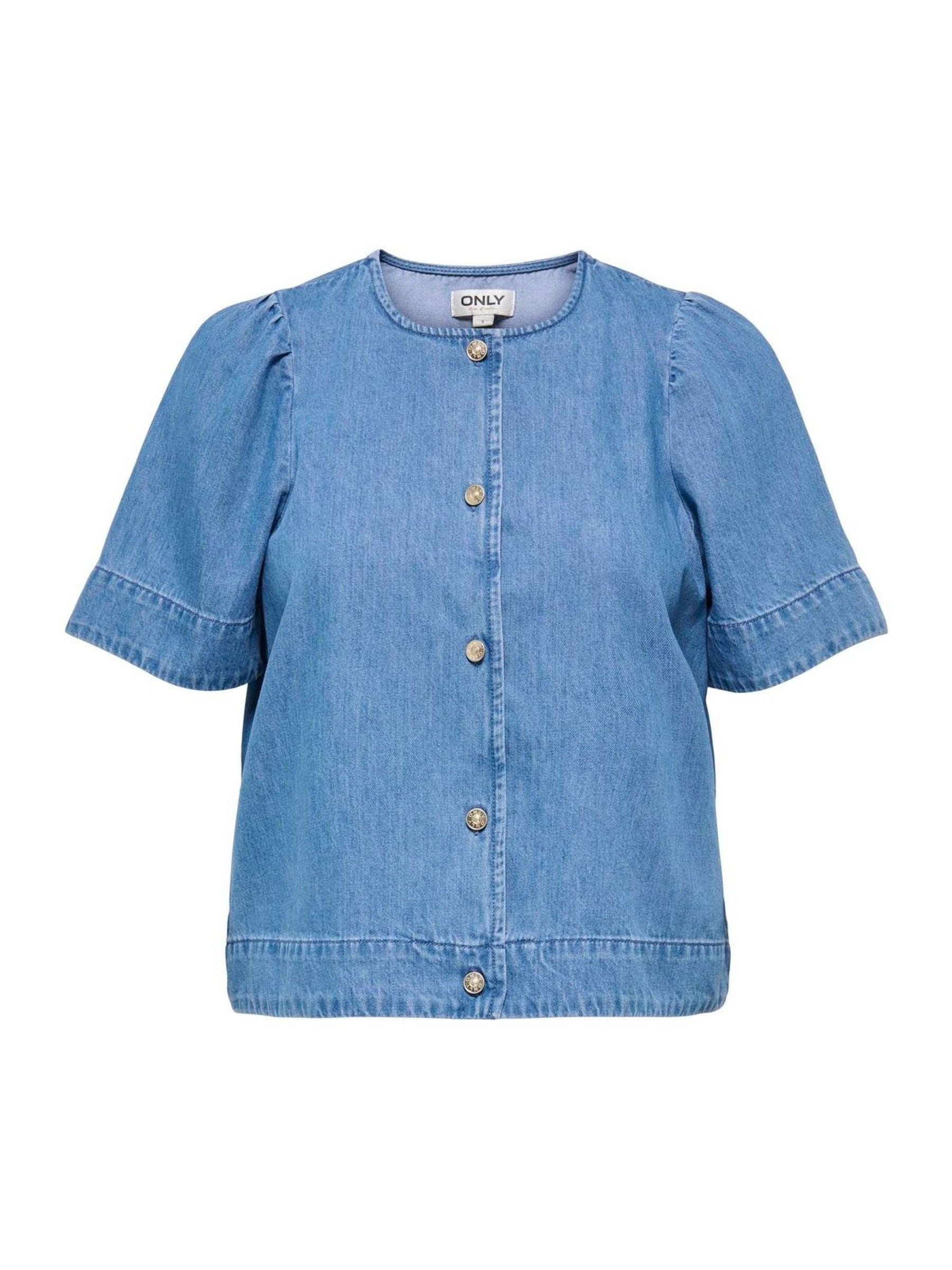 Buy ONLY Blue Round Neck Puff Sleeve Button Through Denim Top from