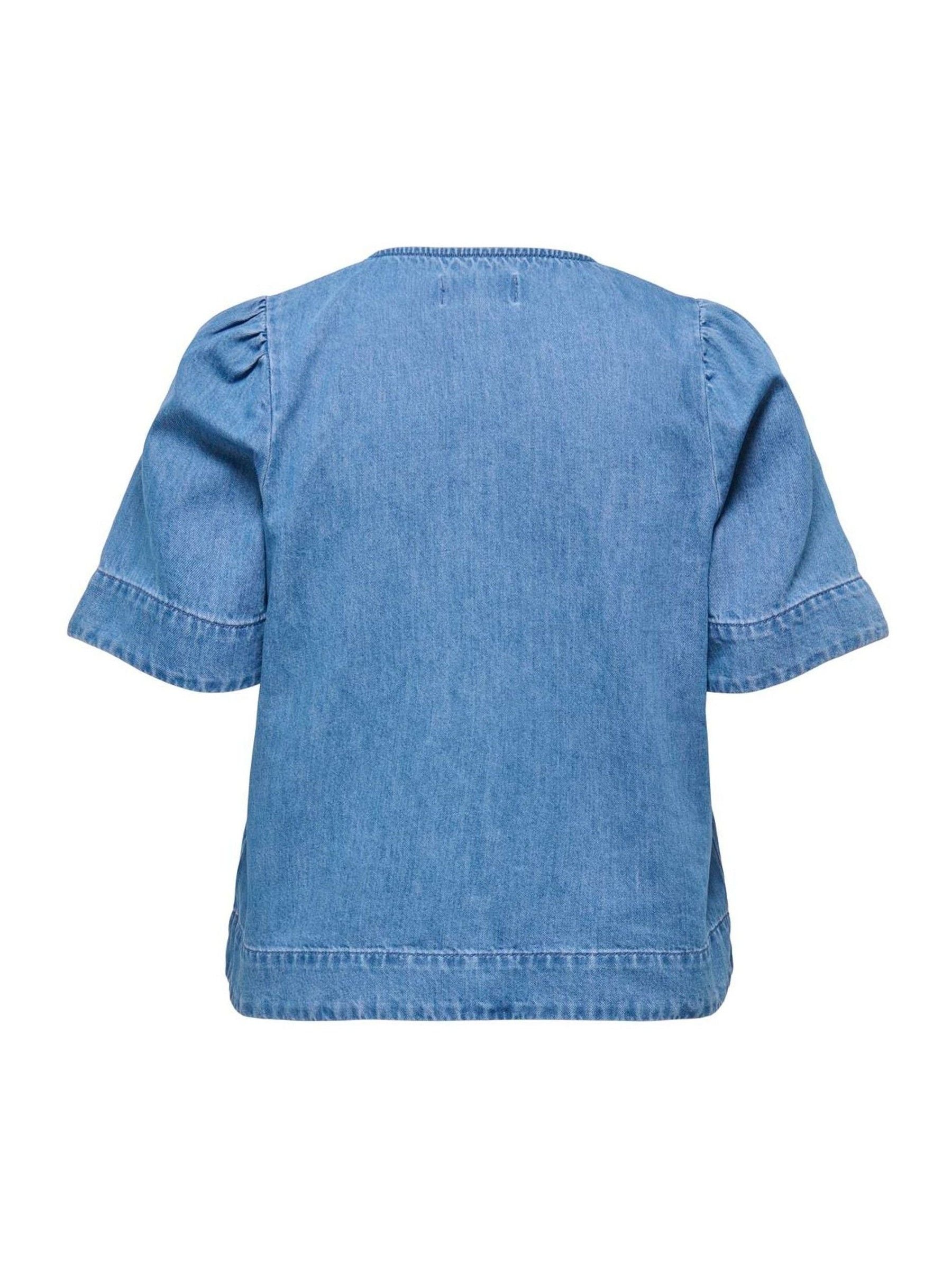 Buy ONLY Blue Round Neck Puff Sleeve Button Through Denim Top from