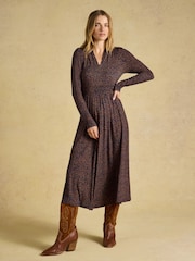 海軍藍色花紋 - Joules Mina Jersey V Neck Ruched Waist Midi Dress - 圖片 1/7
