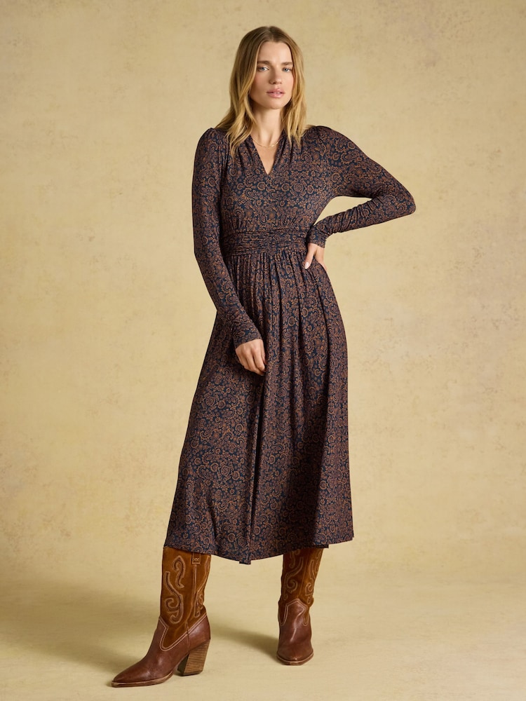 Joules Mina Navy Floral Jersey V Neck Ruched Waist Midi Dress - Image 1 of 7 Joules Mina Navy Floral Jersey V Neck Ruched Waist Midi Dress - Image 1 of 7