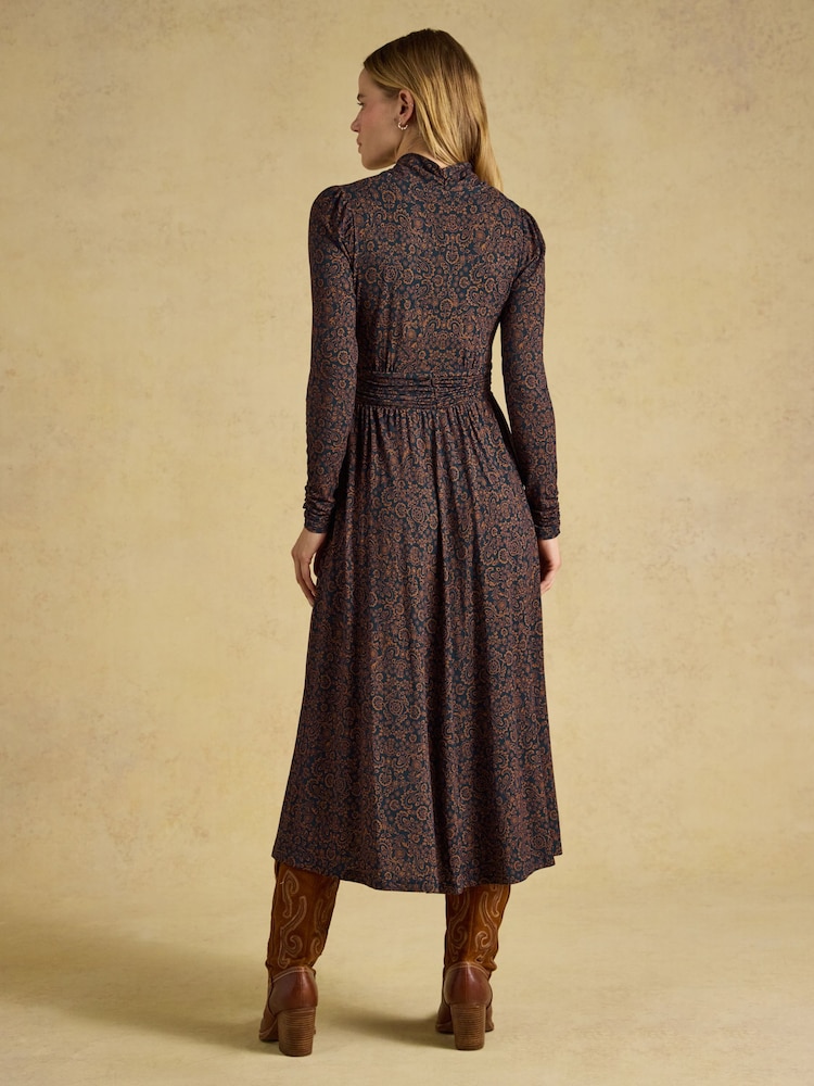 Joules Mina Navy Floral Jersey V Neck Ruched Waist Midi Dress - Image 2 of 7 Joules Mina Navy Floral Jersey V Neck Ruched Waist Midi Dress - Image 2 of 7