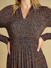 海軍藍色花紋 - Joules Mina Jersey V Neck Ruched Waist Midi Dress - 圖片 3/7