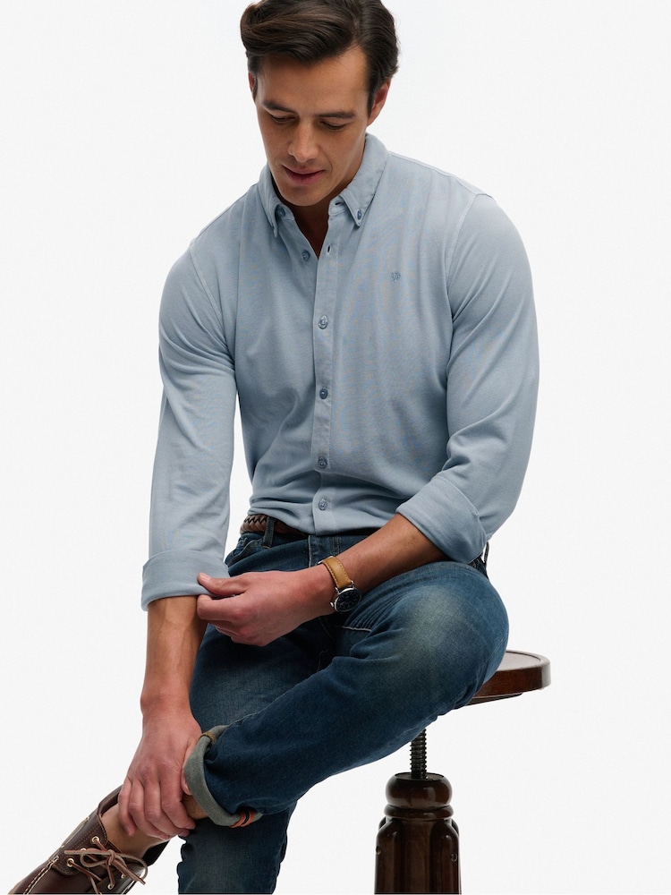 Superdry Blue Vintage Destroy Pique Long Sleeve Shirt - Image 1 of 7