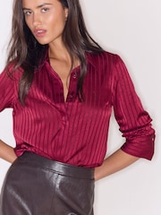 Lipsy Burgundy Red Satin Stripe Burnout Shirt - Image 1 of 5