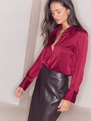 Lipsy Burgundy Red Satin Stripe Burnout Shirt - Image 3 of 5