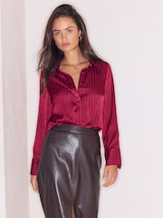 Lipsy Burgundy Red Satin Stripe Burnout Shirt - Image 4 of 5
