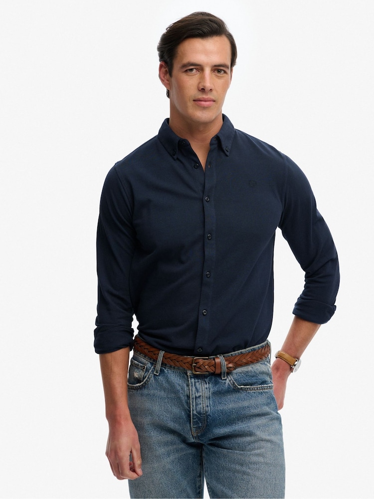 Superdry Blue Vintage Destroy Pique Long Sleeve Shirt - Image 2 of 7 Superdry Blue Vintage Destroy Pique Long Sleeve Shirt - Image 2 of 7