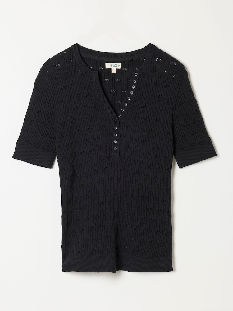 FatFace Lois Black Short Sleeve Knitted Henley Top - Image 1 of 1 FatFace Lois Black Short Sleeve Knitted Henley Top - Image 1 of 1