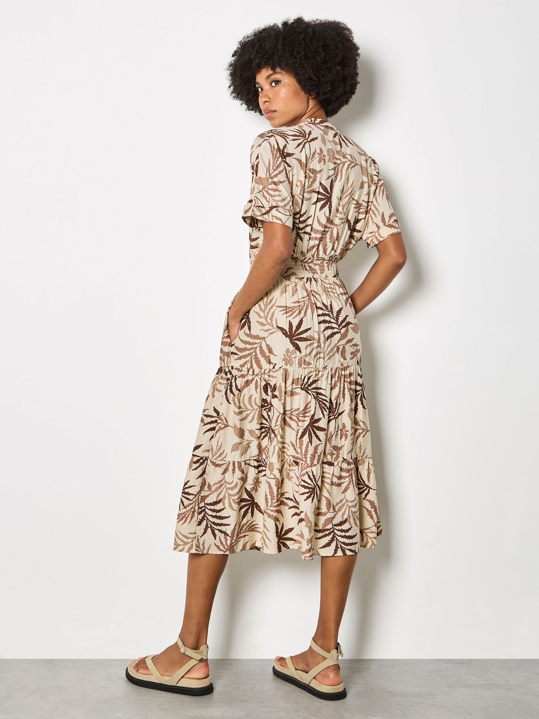 Buy Apricot Natural Tropical Leaf Zip-Down Midi Dress from the