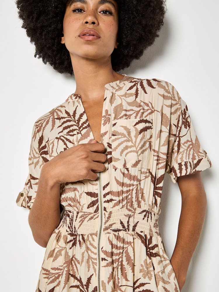 لون طبيعي - فستان متوسط الطول بسحاب بطبعة أوراق شجر استوائية من Apricot - Image 4 of 4