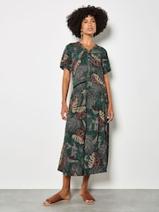 Apricot Green Tropical Leaf Print A-Line Midi Skirt - Image 2 of 5