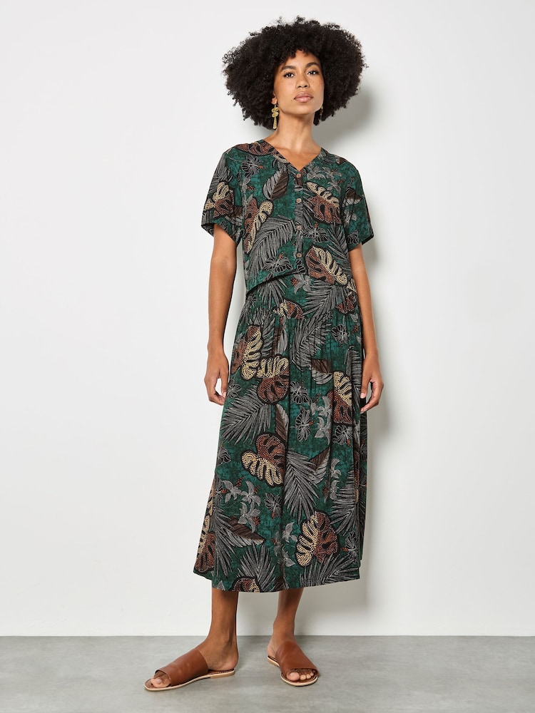 Apricot Green Tropical Leaf Print A-Line Midi Skirt - Image 2 of 5