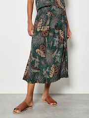 Apricot Green Tropical Leaf Print A-Line Midi Skirt - Image 4 of 5