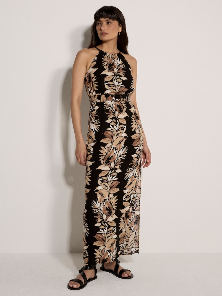 أسود - فستان ماكسي بحمَّالة رقبة بطبعة ورق شجر استوائية من Apricot - Image 1 of 4
