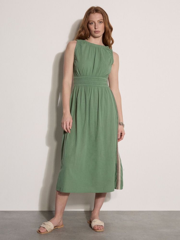 Apricot Green Crochet Trim Smocked Midi Dress - Image 1 of 4 Apricot Green Crochet Trim Smocked Midi Dress - Image 1 of 4