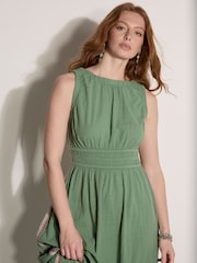 Apricot Green Crochet Trim Smocked Midi Dress - Image 3 of 4