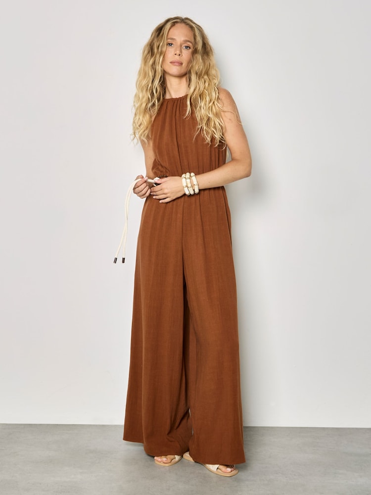 Orange - Apricot Cotton Blend Wide-Leg Jumpsuit - Bild 1 von 5