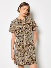 بني - Apricot Leopard Print Zip-Down Mini Dress - Image 1 of 4
