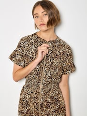 بني - Apricot Leopard Print Zip-Down Mini Dress - Image 3 of 4