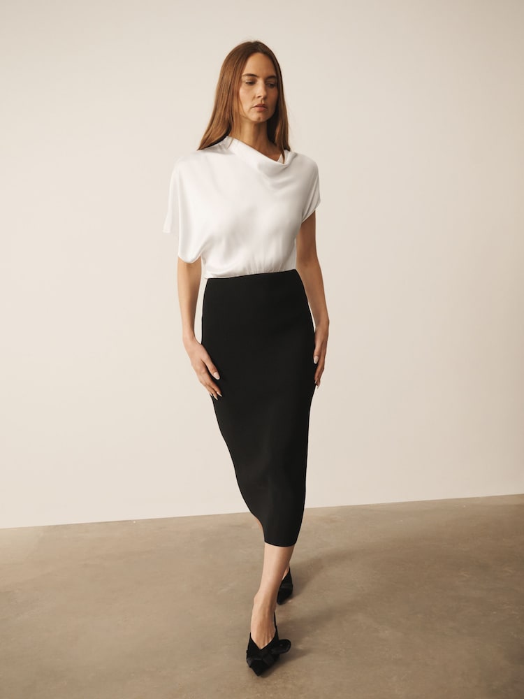 CERENE Katy Black/White 2 in1 Drape Satin Top Knitted Dress - Image 1 of 11 CERENE Katy Black/White 2 in1 Drape Satin Top Knitted Dress - Image 1 of 11