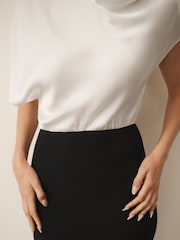 CERENE Katy Black/White 2 in1 Drape Satin Top Knitted Dress - Image 3 of 11