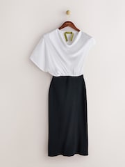 CERENE Katy Black/White 2 in1 Drape Satin Top Knitted Dress - Image 6 of 11