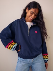 Little Bird Navy Rainbow Ric Rac 1/4 Zip Sweat Top - Image 1 of 5