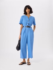 Whistles Blue Petite Fiona Linen Button Jumpsuit - Image 1 of 5