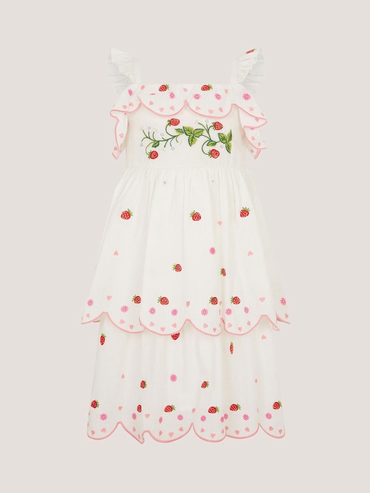 Monsoon Cream Strawberry Embroidered Tiered Dress - Image 1 of 3