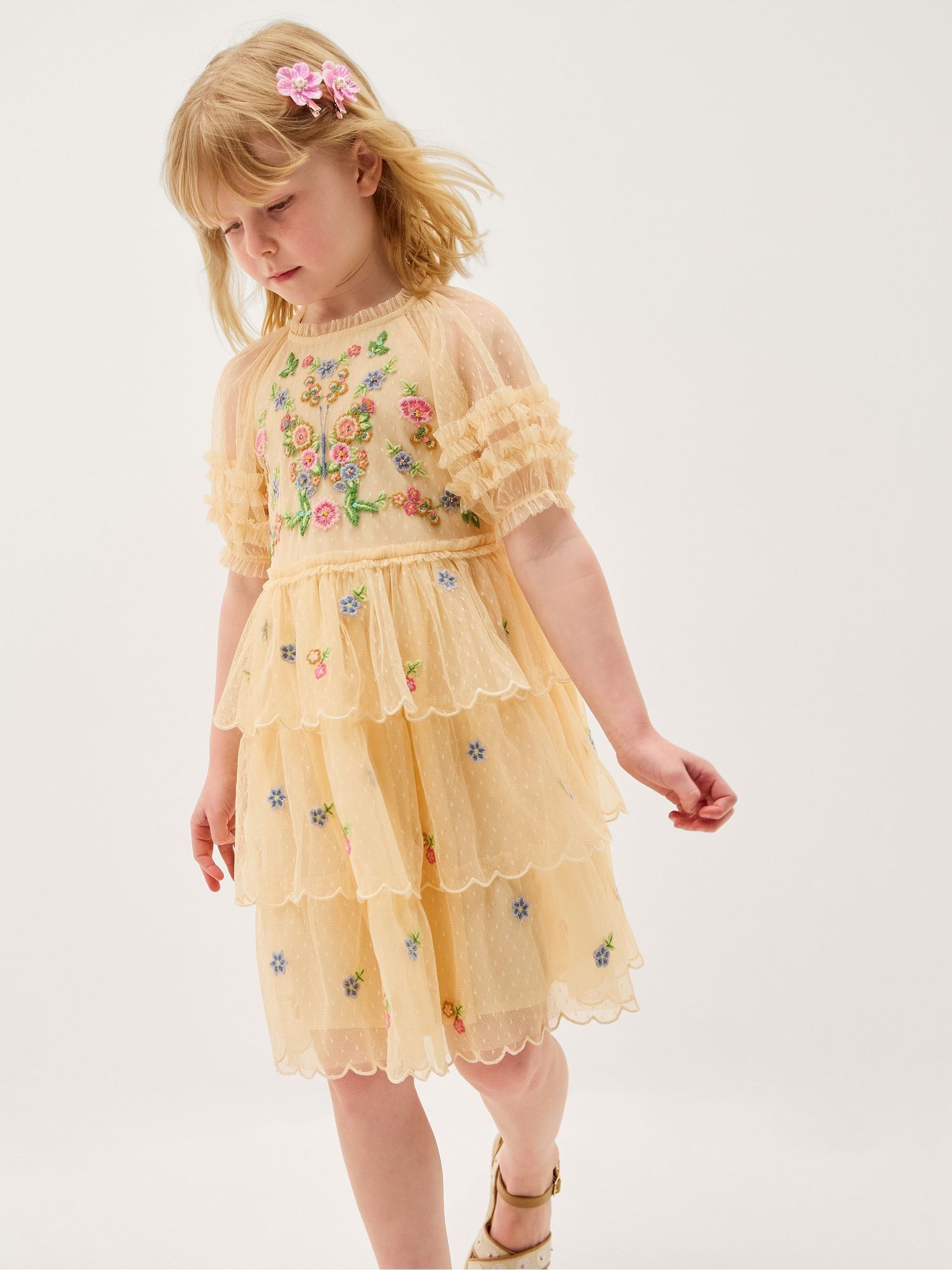 Buy Monsoon Yellow Embroidered Floral Scallop Tiered Dress from