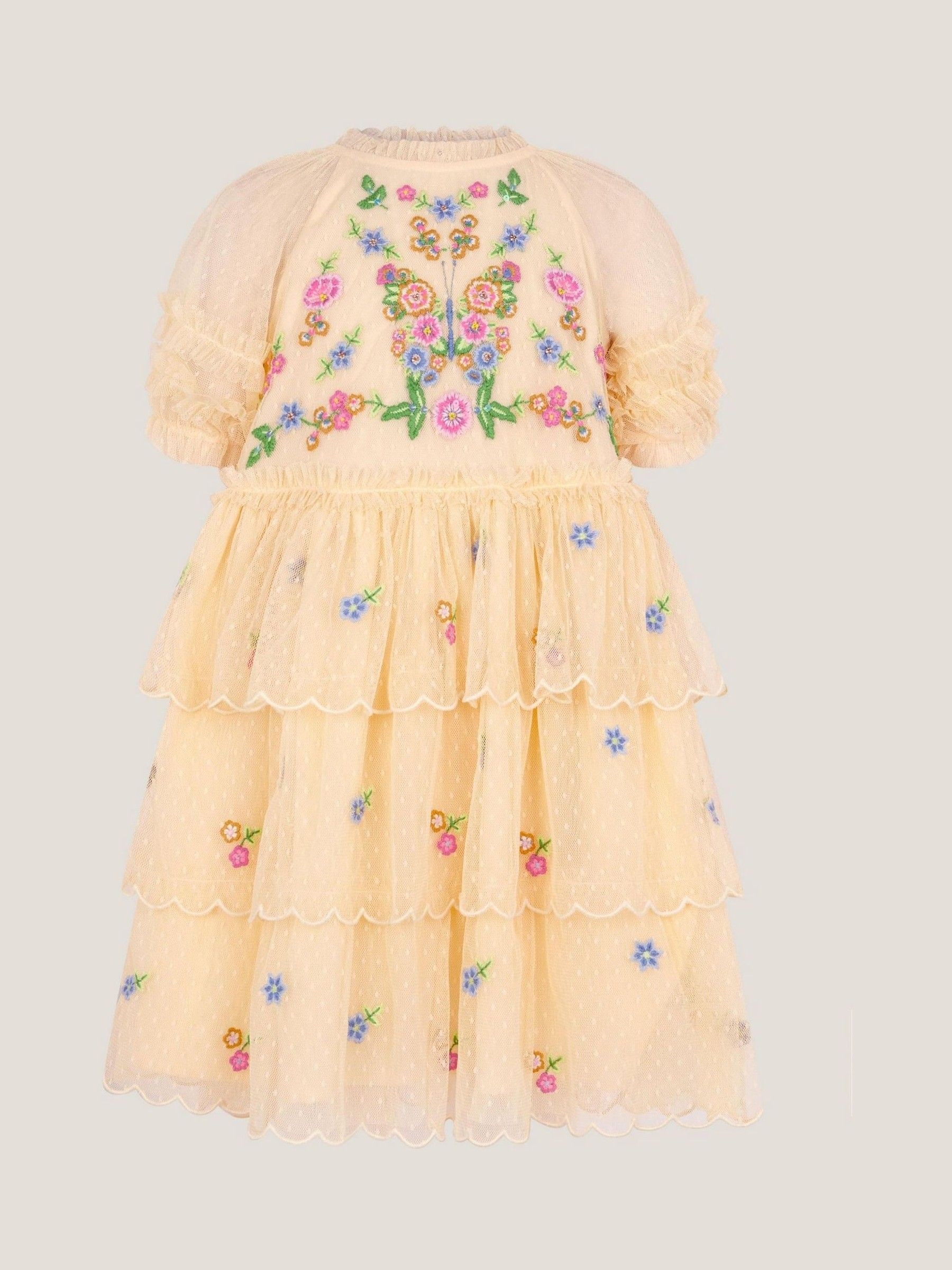 Buy Monsoon Yellow Embroidered Floral Scallop Tiered Dress from