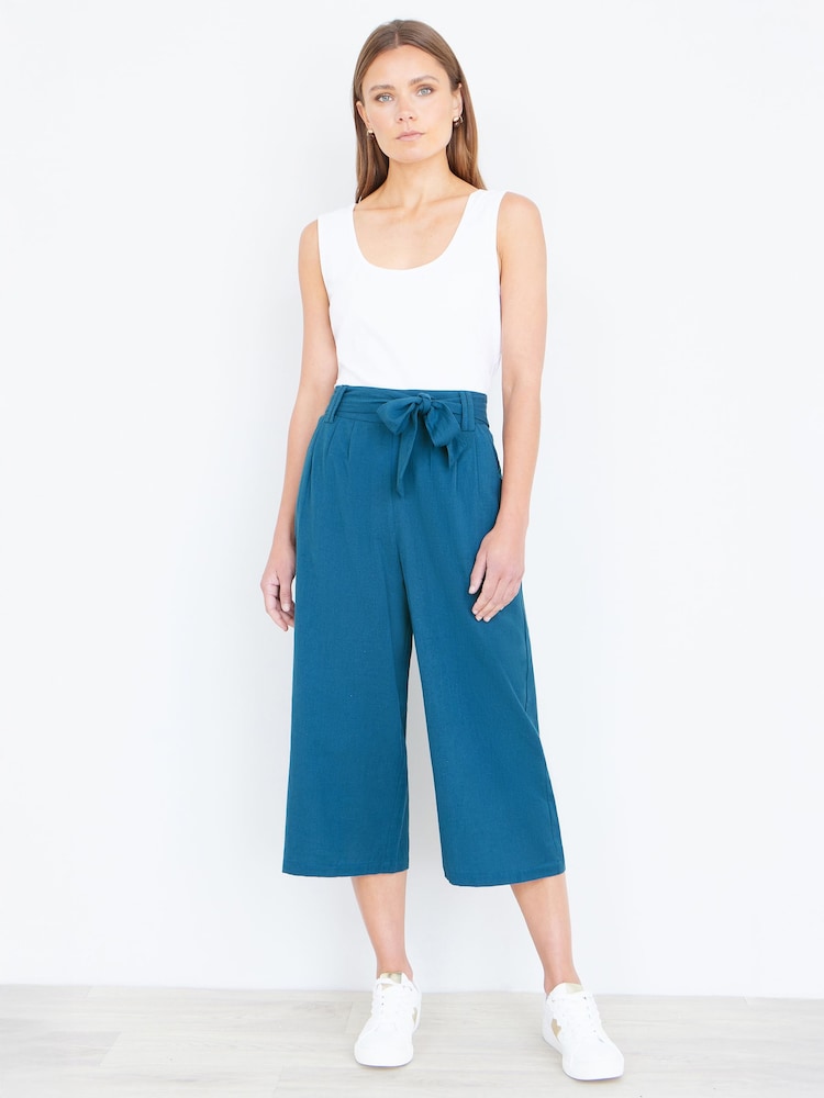 Yumi Blue Linen Mix Cropped Trousers With Tie Belt - Image 1 of 4 Yumi Blue Linen Mix Cropped Trousers With Tie Belt - Image 1 of 4