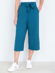 Yumi Blue Linen Mix Cropped Trousers With Tie Belt - Image 3 of 4