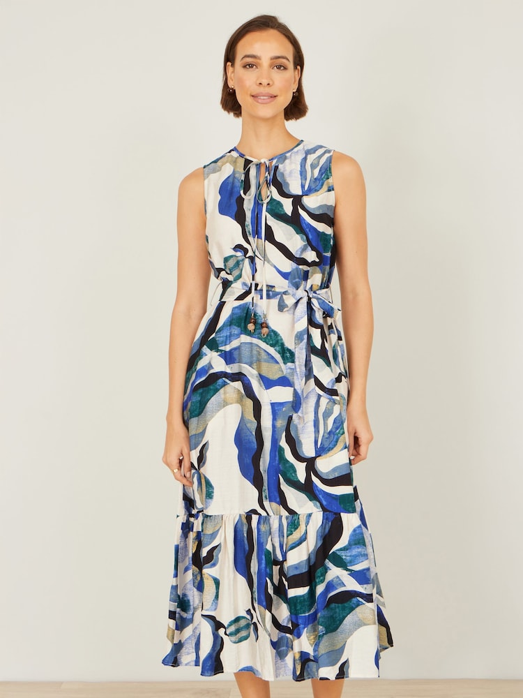Yumi Blue Viscose Swirl Print Midi Dress - Image 2 of 4