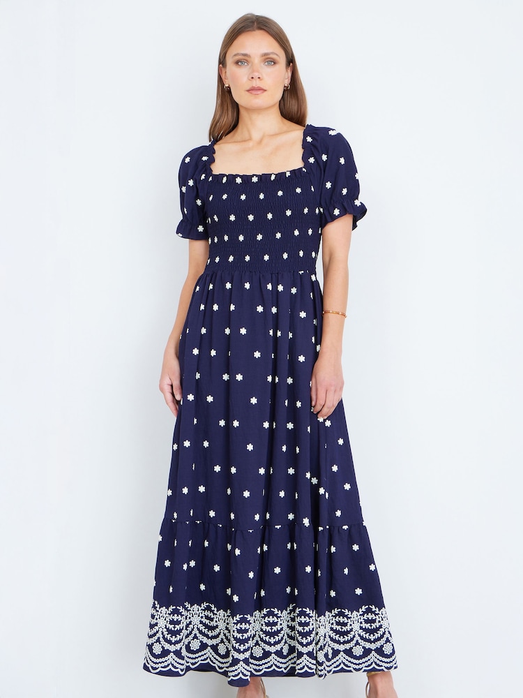 Yumi Blue Border Hemline Smocked Maxi Dress - Image 1 of 4