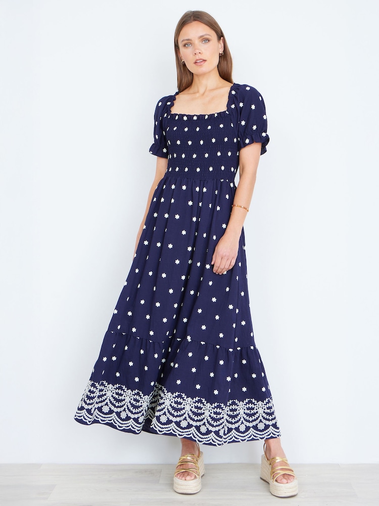 Yumi Blue Border Hemline Smocked Maxi Dress - Image 2 of 4