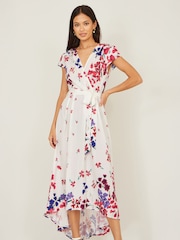 Yumi Cream Floral Mirror Wrap Dress With Dip Hem Dress - Image 1 of 4
