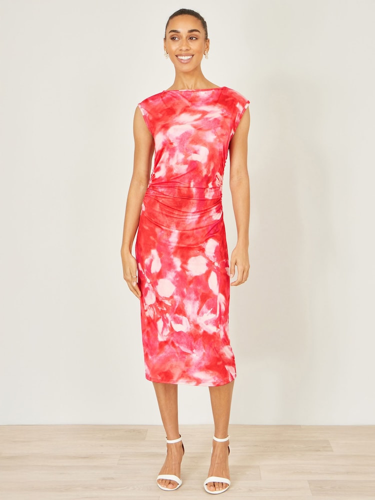 Yumi Red Mesh Ruched Bodycon Midi Dress - Image 1 of 5 Yumi Red Mesh Ruched Bodycon Midi Dress - Image 1 of 5