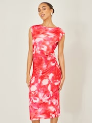 Yumi Red Mesh Ruched Bodycon Midi Dress - Image 2 of 5