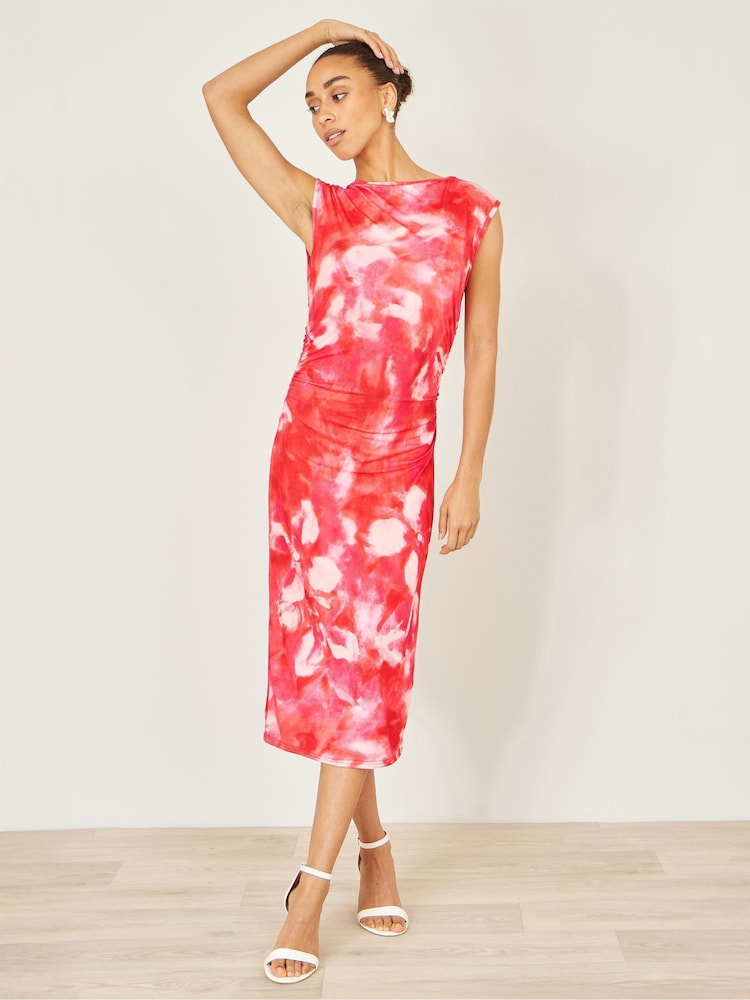 Yumi Red Mesh Ruched Bodycon Midi Dress - Image 5 of 5 Yumi Red Mesh Ruched Bodycon Midi Dress - Image 5 of 5