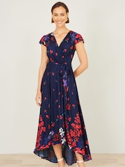 Yumi Blue/Red Floral Mirror Wrap Dress With Dip Hem Dress - Image 1 of 4