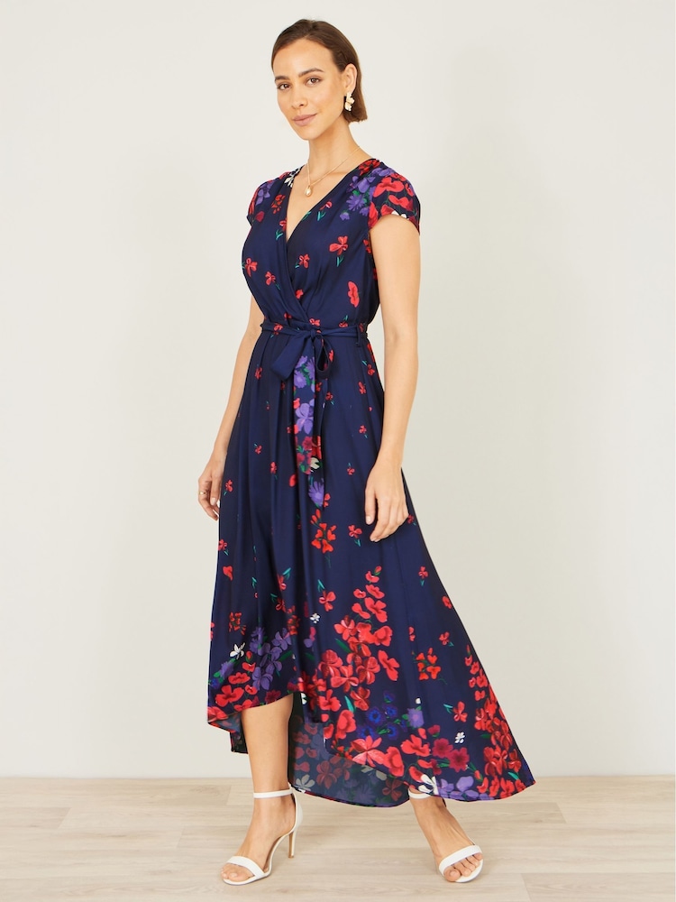 Yumi Blue/Red Floral Mirror Wrap Dress With Dip Hem Dress - Image 2 of 4